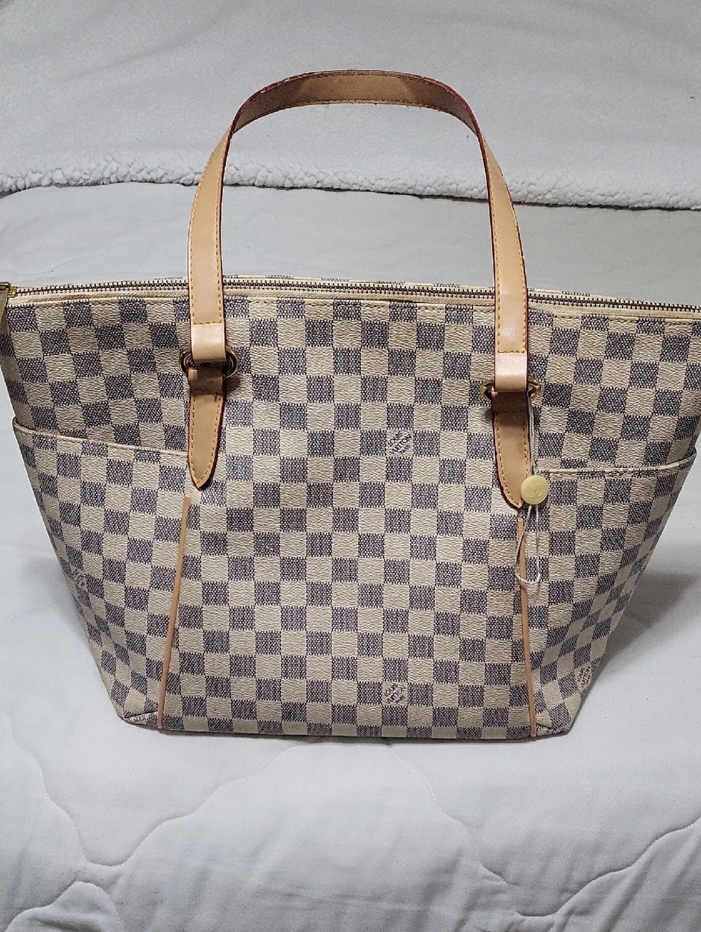 Great Beige Checkered Tote Bag with Leather Trim